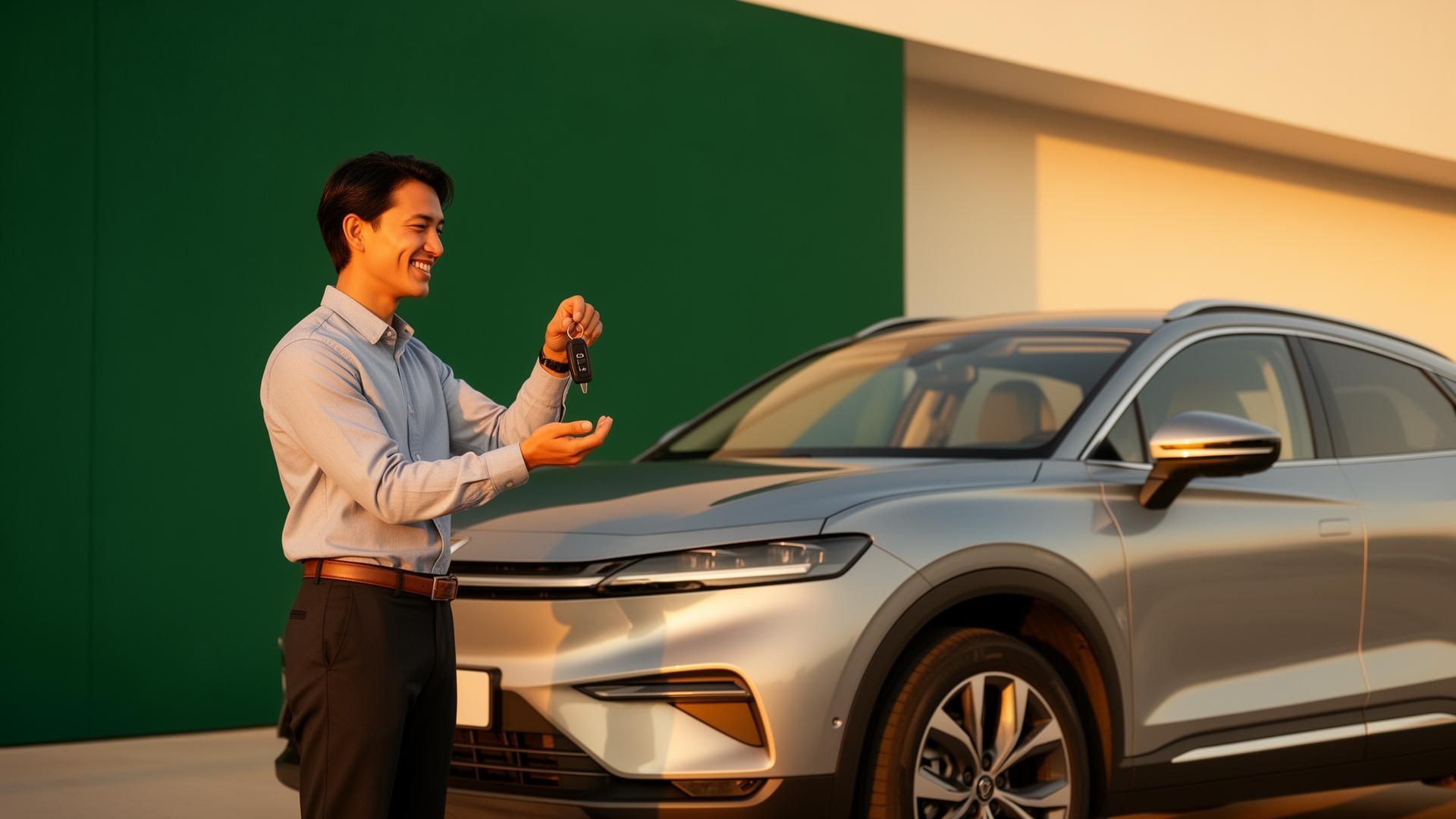 Employee receiving the keys to a CarPath vehicle outside their workplace